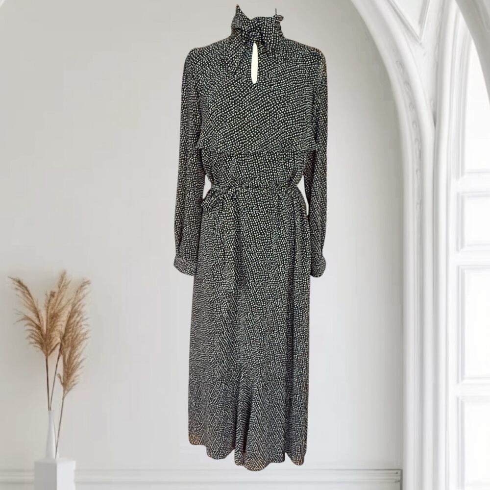 Lise Charmel France Rare Maxi Dress Modest Sz S Long‎ Sleeves Black Tiny Print
